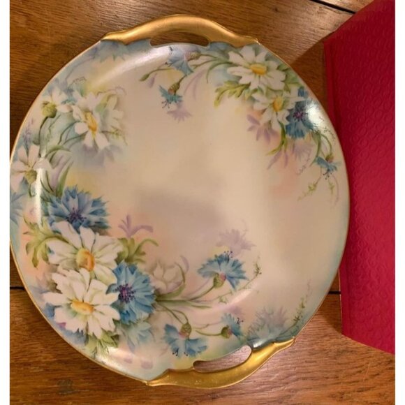 Antique Hand-Painted Floral Porcelain Serving Plate with Gold Handles - Picture 1 of 3